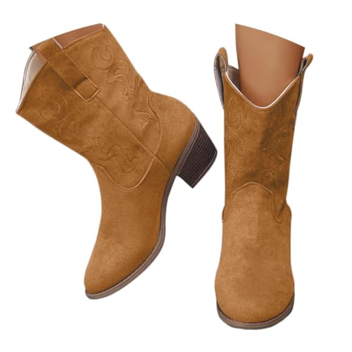 Onsoyours Cowboystiefel Damen Westernstiefel Wildleder Elegant Bequemer Stiefeletten Kurz Cowboy Boots mit Absatz Herbst Winterschuhe A Braun 43 EU von Onsoyours