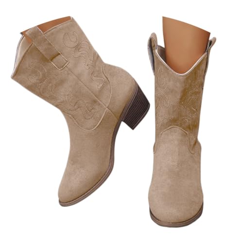 Onsoyours Cowboystiefel Damen Westernstiefel Wildleder Elegant Bequemer Stiefeletten Kurz Cowboy Boots mit Absatz Herbst Winterschuhe A Khaki 37 EU von Onsoyours