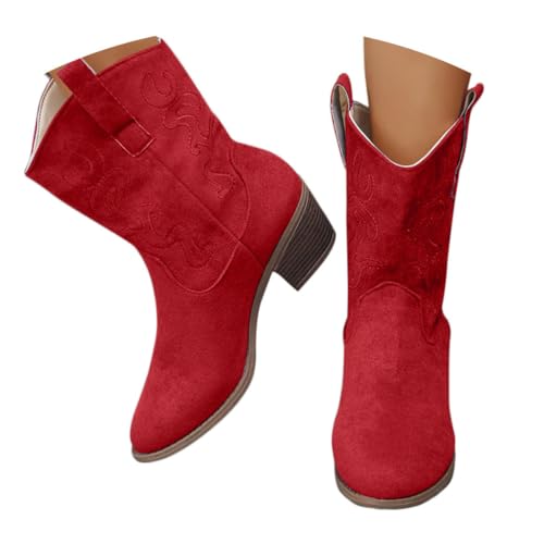 Onsoyours Cowboystiefel Damen Westernstiefel Wildleder Elegant Bequemer Stiefeletten Kurz Cowboy Boots mit Absatz Herbst Winterschuhe A Rot 42 EU von Onsoyours