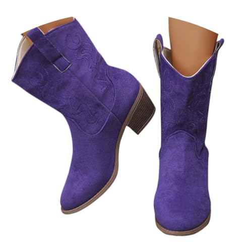 Onsoyours Cowboystiefel Damen Westernstiefel Wildleder Elegant Bequemer Stiefeletten Kurz Cowboy Boots mit Absatz Herbst Winterschuhe A Violett 41 EU von Onsoyours