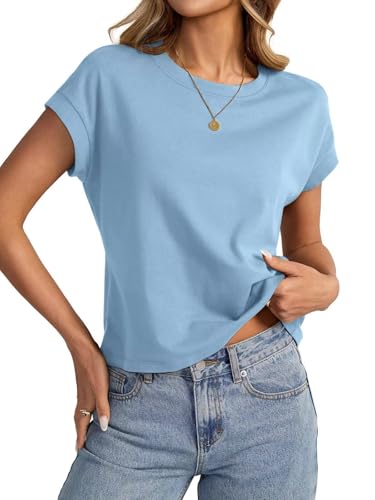 Onsoyours Crop Tops Damen Sommer Kurzarm Tshirt Casual Einfarbig Rundhals Oberteil A Blau M von Onsoyours