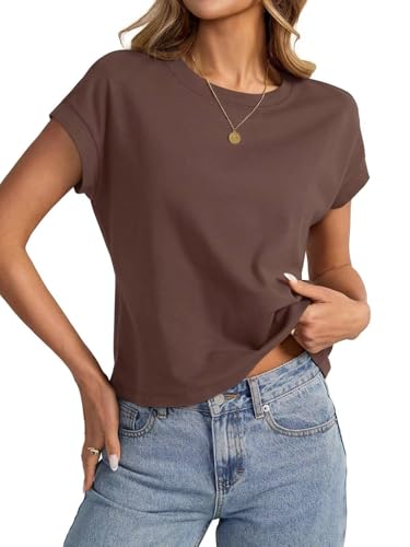 Onsoyours Crop Tops Damen Sommer Kurzarm Tshirt Casual Einfarbig Rundhals Oberteil A Braun L von Onsoyours