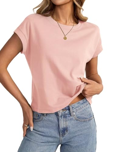 Onsoyours Crop Tops Damen Sommer Kurzarm Tshirt Casual Einfarbig Rundhals Oberteil A Hellrosa L von Onsoyours