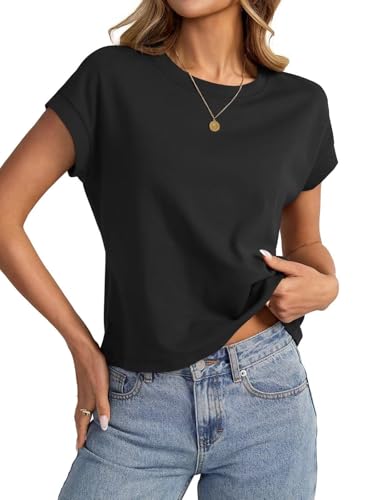 Onsoyours Crop Tops Damen Sommer Kurzarm Tshirt Casual Einfarbig Rundhals Oberteil A Schwarz L von Onsoyours