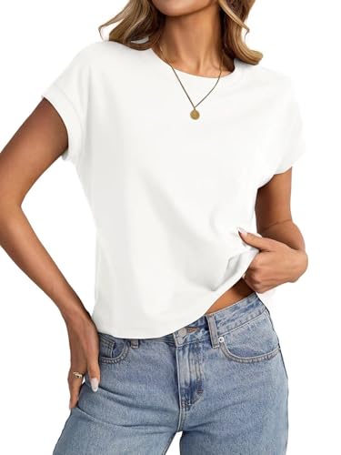 Onsoyours Crop Tops Damen Sommer Kurzarm Tshirt Casual Einfarbig Rundhals Oberteil A Weiß L von Onsoyours