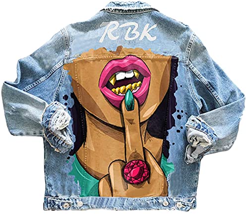 Onsoyours D Blau Taschen Einreiher Zerrissene Graffiti Langarm Boyfriend Oversize Jeansjacke Damen Mode Denim Jacket L von Onsoyours