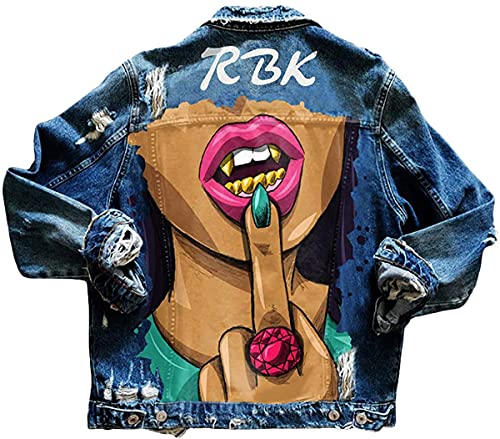 Onsoyours D Dunkelblau Taschen Einreiher Zerrissene Graffiti Langarm Boyfriend Oversize Jeansjacke Damen Mode Denim Jacket XXL von Onsoyours