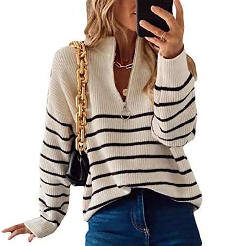 Onsoyours Dame Sweatshirt Lange Ärmel Streifen Pullover mit Stehkragen/Half Reißverschluss Pullover Casual Stricken Sweater A Beige L von Onsoyours