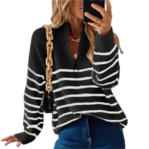 Onsoyours Dame Sweatshirt Lange Ärmel Streifen Pullover mit Stehkragen/Half Reißverschluss Pullover Casual Stricken Sweater A Schwarz XXL Onsoyours Dame Sweatshirt Lange Ärmel Streifen Pullover mit Stehkragen/Half Reißverschluss Pullover Casual Stricken Sweater A Schwarz XXL von Onsoyours