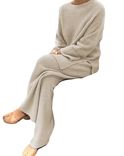 Onsoyours Damen 2 Stück Freizeitanzug Strickanzug Langarm Strickpullover Und Lange Jogginghose Zweiteilige Beiläufig Outfit Sportanzug Loungewear Set Aprikose M von Onsoyours