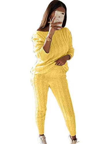 Onsoyours Damen 2 Stück Strickanzug Bekleidung Set Outfits aus Langarm Schulterfrei Strickpullover und Paket Hüfte Hosen Beiläufig Outfit Freizeitanzug Sportanzug Loungewear Pullover Suit Gelb M von Onsoyours