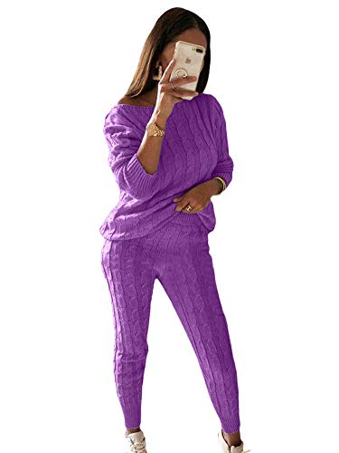 Onsoyours Damen 2 Stück Strickanzug Bekleidung Set Strickpullover und Paket Hüfte Outfits aus Langarm Schulterfrei Sportanzug Pullover Suit Hosen Beiläufig Outfit Freizeitanzug Dunkel Violett S von Onsoyours