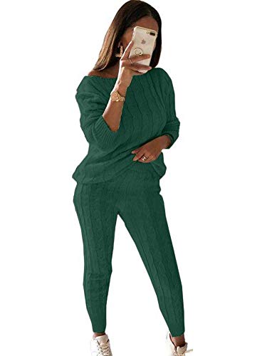 Onsoyours Damen 2 Stück Strickanzug Bekleidung Set Strickpullover und Paket Hüfte Outfits aus Langarm Schulterfrei Sportanzug Pullover Suit Hosen Beiläufig Outfit Freizeitanzug Grün XS von Onsoyours