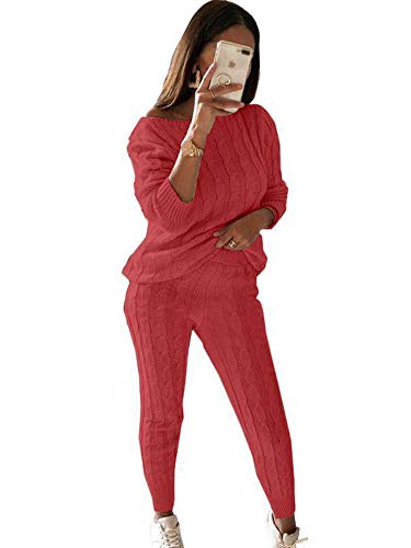 Onsoyours Damen 2 Stück Strickanzug Bekleidung Set Strickpullover und Paket Hüfte Outfits aus Langarm Schulterfrei Sportanzug Pullover Suit Hosen Beiläufig Outfit Freizeitanzug Rot M von Onsoyours