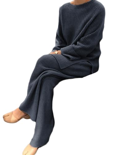 Onsoyours Damen 2 Stück Strickanzug Langarm Strickpullover und Lange Jogginghose Zweiteilige Beiläufig Outfit Freizeitanzug Sportanzug Set Blau XXL von Onsoyours