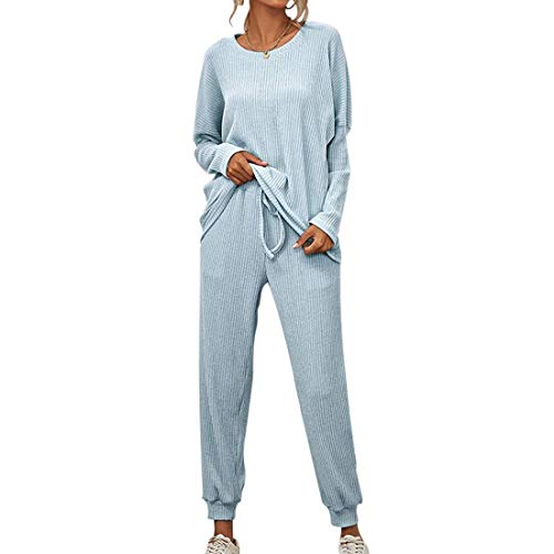 Onsoyours Damen 2 Stück Strickanzug aus Langarm Beiläufig Outfit Freizeitanzug Rundhals Strickpullover Und Lange Jogginghose Zweiteilige Sportanzug Loungewear Set A Hellblau M von Onsoyours