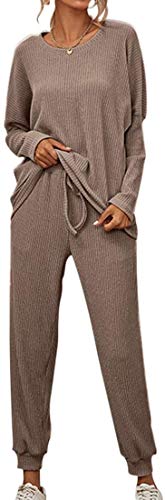 Onsoyours Damen 2 Stück Strickanzug aus Langarm Beiläufig Outfit Freizeitanzug Rundhals Strickpullover Und Lange Jogginghose Zweiteilige Sportanzug Loungewear Set A Khaki L von Onsoyours