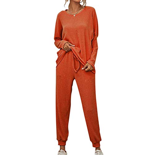 Onsoyours Damen 2 Stück Strickanzug aus Langarm Beiläufig Outfit Freizeitanzug Rundhals Strickpullover Und Lange Jogginghose Zweiteilige Sportanzug Loungewear Set A Orange S von Onsoyours