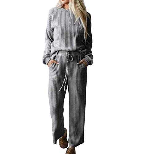 Onsoyours Damen 2 Stück Strickanzug aus Langarm Beiläufig Outfit Freizeitanzug Rundhals Strickpullover Und Lange Jogginghose Zweiteilige Sportanzug Loungewear Set B Grau L von Onsoyours