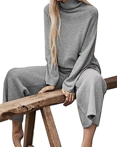 Onsoyours Damen 2 Stück Strickanzug aus Langarm Rollkragen Strickpullover Und Lange Jogginghose Zweiteilige Beiläufig Outfit Freizeitanzug Sportanzug Loungewear Set A Grau M von Onsoyours