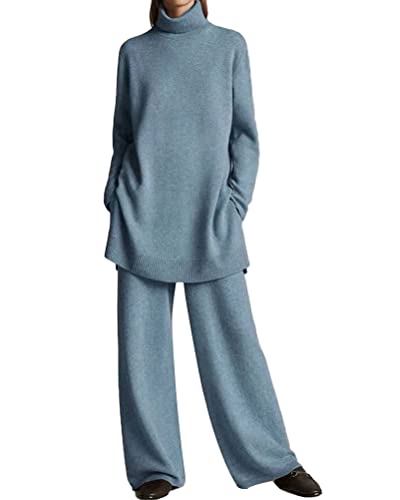 Onsoyours Damen 2 Stück Strickanzug aus Langarm Rollkragen Strickpullover Und Lange Jogginghose Zweiteilige Beiläufig Outfit Freizeitanzug Sportanzug Loungewear Set B Blau 3XL von Onsoyours