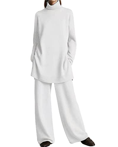 Onsoyours Damen 2 Stück Strickanzug aus Langarm Rollkragen Strickpullover Und Lange Jogginghose Zweiteilige Beiläufig Outfit Freizeitanzug Sportanzug Loungewear Set B Weiß L von Onsoyours