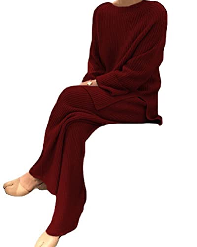 Onsoyours Damen 2 Stück Strickanzug aus Langarm Strickpullover Und Lange Jogginghose Zweiteilige Beiläufig Outfit Freizeitanzug Sportanzug Loungewear Set C Burgundisch 3XL von Onsoyours