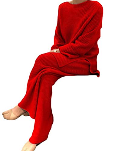 Onsoyours Damen 2 Stück Strickanzug aus Langarm Strickpullover Und Lange Jogginghose Zweiteilige Beiläufig Outfit Freizeitanzug Sportanzug Loungewear Set C Rot L von Onsoyours