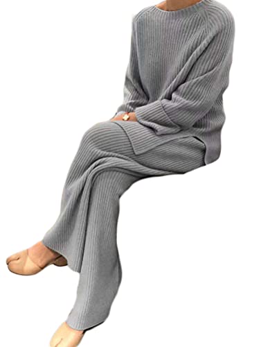 Onsoyours Damen 2 Stück Strickanzug aus Langarm Strickpullover Und Lange Jogginghose Zweiteilige Beiläufig Outfit Freizeitanzug Sportanzug Loungewear Set Grau 3XL von Onsoyours