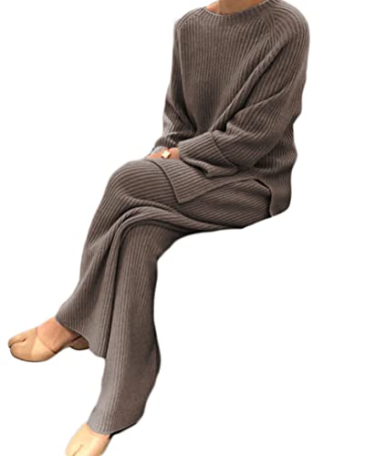 Onsoyours Damen 2 Stück Strickanzug aus Langarm Strickpullover Und Lange Jogginghose Zweiteilige Beiläufig Outfit Freizeitanzug Sportanzug Loungewear Set Kamel L von Onsoyours