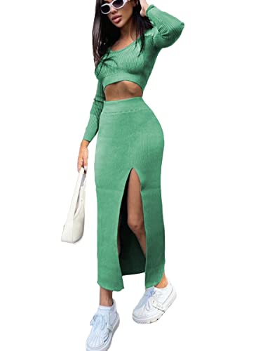 Onsoyours Damen 2 Teiler Kleid Sommerkleid Langärmliger Bodycon Schlitz mit Stehkragen Lässiger Zweiteiliger Rock Outfit C Grün M von Onsoyours