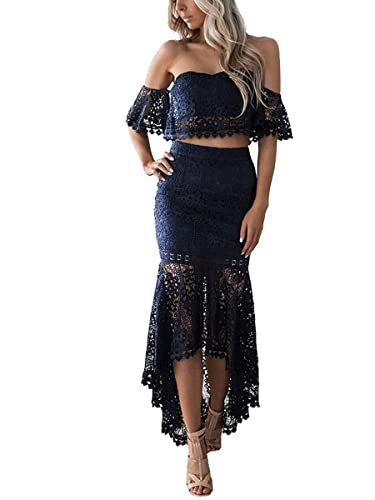 Onsoyours Damen 2 Teiler Kleid Sommerkleid Langärmliger Bodycon Schlitz mit Stehkragen Lässiger Zweiteiliger Rock Outfit D Marine L von Onsoyours