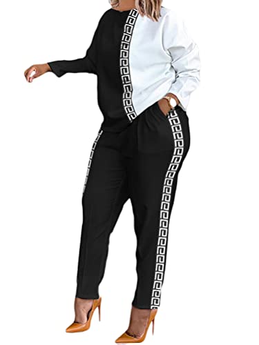 Onsoyours Damen 2 Teilig Freizeitanzug Set Klassischer Retro Drucken Sportanzug Traingsanzug Jogginganzug Lange Ärmel Top Lange Hose C Schwarz Weiß L von Onsoyours