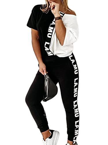 Onsoyours Damen 2 Teilig Freizeitanzug Set Klassischer Retro Drucken Sportanzug Traingsanzug Jogginganzug Lange Ärmel Top Lange Hose I Schwarz XXL von Onsoyours