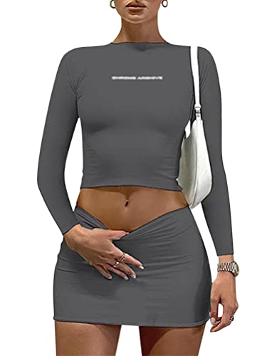 Onsoyours Damen 2-Teiliger Sexy Top mit Kurzem Rock Sets 2 Piece Bodycon Langarm Minirock Rundhals Outfit Kombiset Bauchfreies Top 2 Teiler A Grau S von Onsoyours