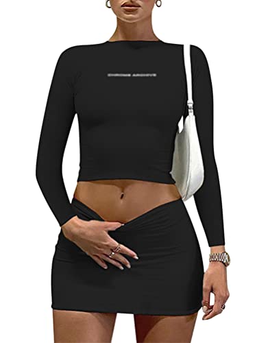 Onsoyours Damen 2-Teiliger Sexy Top mit Kurzem Rock Sets 2 Piece Bodycon Langarm Minirock Rundhals Outfit Kombiset Bauchfreies Top 2 Teiler A Schwarz M von Onsoyours