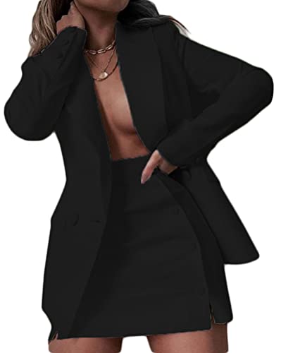 Onsoyours Damen 2-teiliger Anzug Rock und Blazer Elegant Einfarbig Slim Fit Business Set A Schwarz L von Onsoyours