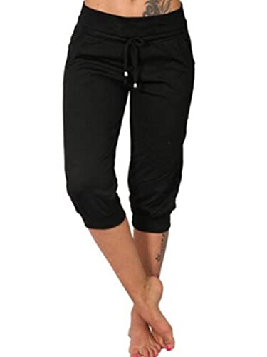 Onsoyours Damen 3/4 Hose Jogginghose Sweatpants Workout Fitness Sportshorts Laufshorts Yogahosen Loose Fit Kordelzug Taille Freizeithose mit Seitentaschen B Schwarz M von Onsoyours