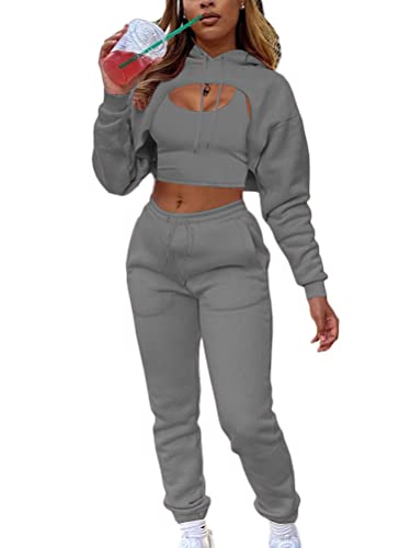 Onsoyours Damen 3 Teilig Set Hoodie + Weste + Sporthose Jogginganzug Kapuzen Sportswear Trainingsanzug Dreiteiliger Sport Freizeitanzug Sportanzug Zweiteiler Outfit A Dunkelgrau XXL von Onsoyours