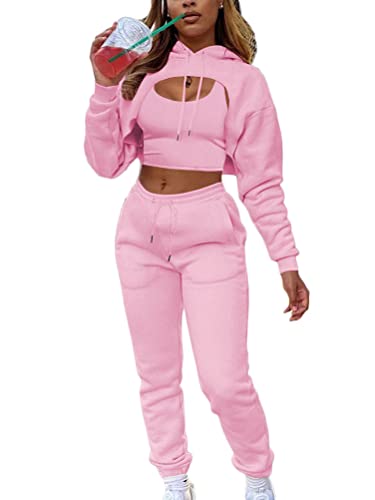 Onsoyours Damen 3 Teilig Set Hoodie + Weste + Sporthose Jogginganzug Kapuzen Sportswear Trainingsanzug Dreiteiliger Sport Freizeitanzug Sportanzug Zweiteiler Outfit A Rosa L von Onsoyours