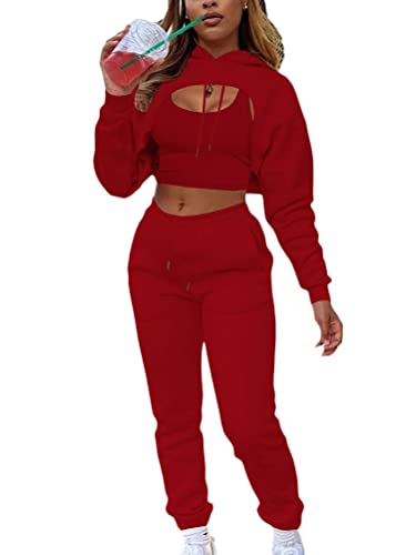 Onsoyours Damen 3 Teilig Set Hoodie + Weste + Sporthose Jogginganzug Kapuzen Sportswear Trainingsanzug Dreiteiliger Sport Freizeitanzug Sportanzug Zweiteiler Outfit A Rot M von Onsoyours