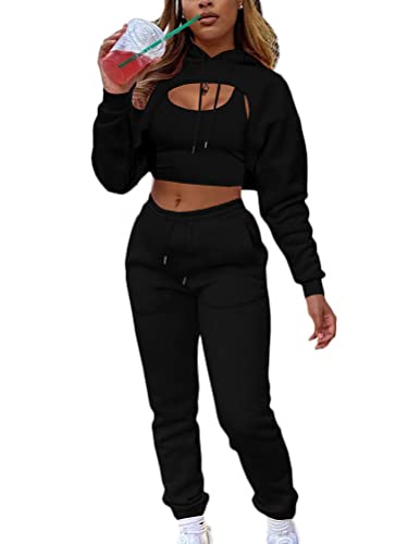 Onsoyours Damen 3 Teilig Set Hoodie + Weste + Sporthose Jogginganzug Kapuzen Sportswear Trainingsanzug Dreiteiliger Sport Freizeitanzug Sportanzug Zweiteiler Outfit A Schwarz L von Onsoyours