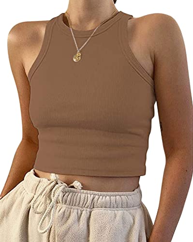 Onsoyours Damen Ärmellos Racerback Rundhals Tank Top Casual Crop Tops Sommer A Khaki S von Onsoyours