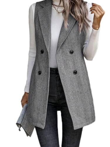 Onsoyours Damen Ärmellos Revers Blazer Weste Elegant Anzugjacke Casual Jacke Einfarbig Cardigan Freizeitjacke Langer Mantel Doppelreihige Zwei Knöpfe Anzug Weste A Grau S von Onsoyours
