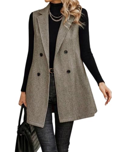 Onsoyours Damen Ärmellos Revers Blazer Weste Elegant Anzugjacke Casual Jacke Einfarbig Cardigan Freizeitjacke Langer Mantel Doppelreihige Zwei Knöpfe Anzug Weste A Kamel XL von Onsoyours