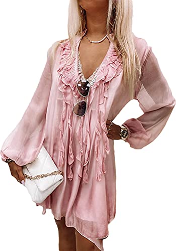 Onsoyours Damen Ärmellos V-Ausschnitt Retro Sommer Spitzen Strandkleid Kleider Boho Lose Sommerkleid Elegant Casual A-Linie Kleid C Rosa M von Onsoyours