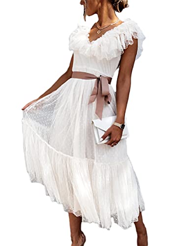 Onsoyours Damen Ärmellos V-Ausschnitt Retro Sommer Spitzen Strandkleid Maxi Kleider Boho Lang Lose Sommerkleid Elegant Casual A-Linie Kleid B Weiß XL von Onsoyours