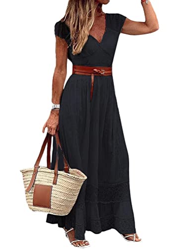 Onsoyours Damen Ärmellos V-Ausschnitt Retro Sommer Spitzen Strandkleid Maxi Kleider Boho Lang Lose Sommerkleid Elegant Casual A-Linie Kleid G Schwarz S von Onsoyours