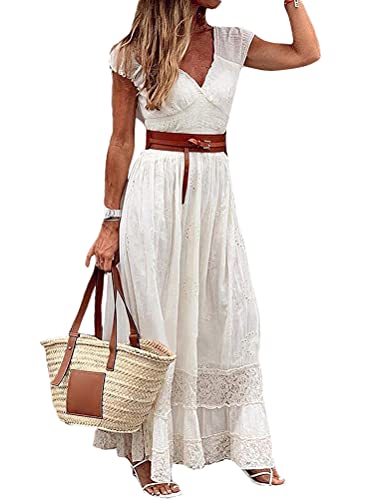 Onsoyours Damen Ärmellos V-Ausschnitt Retro Sommer Spitzen Strandkleid Maxi Kleider Boho Lang Lose Sommerkleid Elegant Casual A-Linie Kleid G Weiß L von Onsoyours