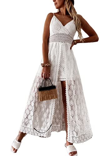 Onsoyours Damen Ärmellos V-Ausschnitt Retro Sommer Spitzen Strandkleid Maxi Kleider Boho Lang Lose Sommerkleid Elegant Casual A-Linie Kleid Q Weiß XS von Onsoyours